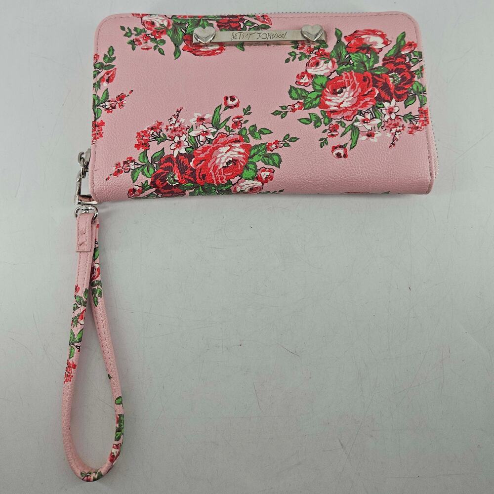 Betsey Johnson Pink Floral Rose Print Zip Around Wallet Wristlet